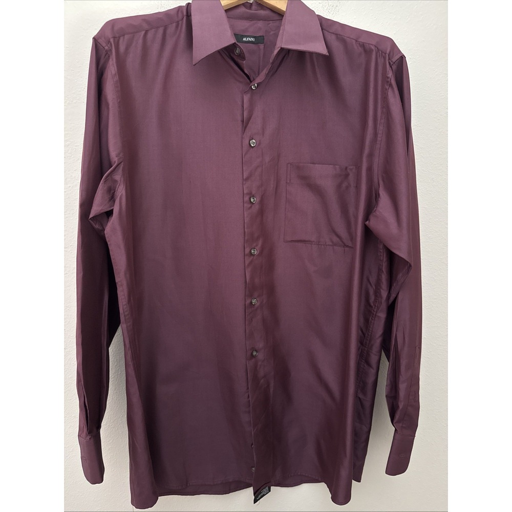 Alfani Mens Silk Burgundy Button Front Collar Long Sleeve Shirt Sz  L  16 34 /35